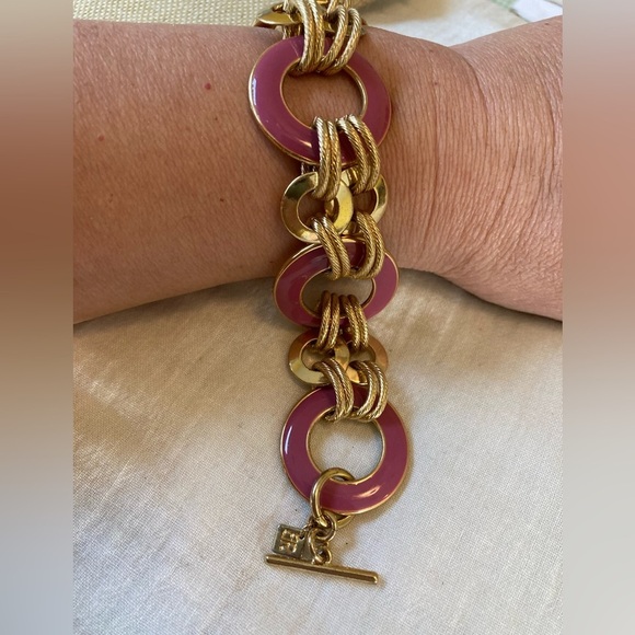 Banana Republic Gold Tone and Pink Chain Link Bracelet‎ Toggle Clasp - Picture 7 of 9